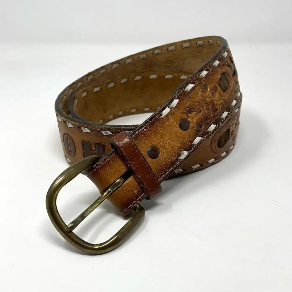 Vintage Distressed Worn Tooled Floral Cowboy Western Cowboy John Belt unisex 34